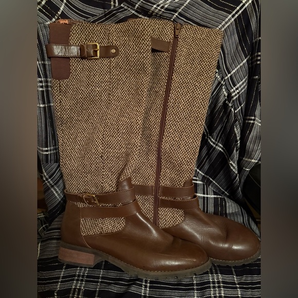 Shoes - Brown Tweed Knee-High Boots with Buckle